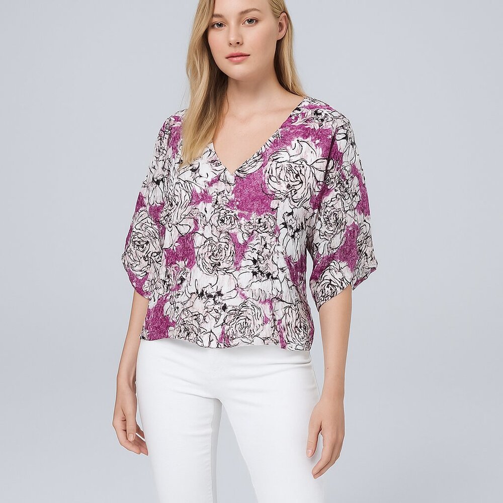 NWT White House Black Market Shadowstripe Kimono Floral Sketch Ecru S